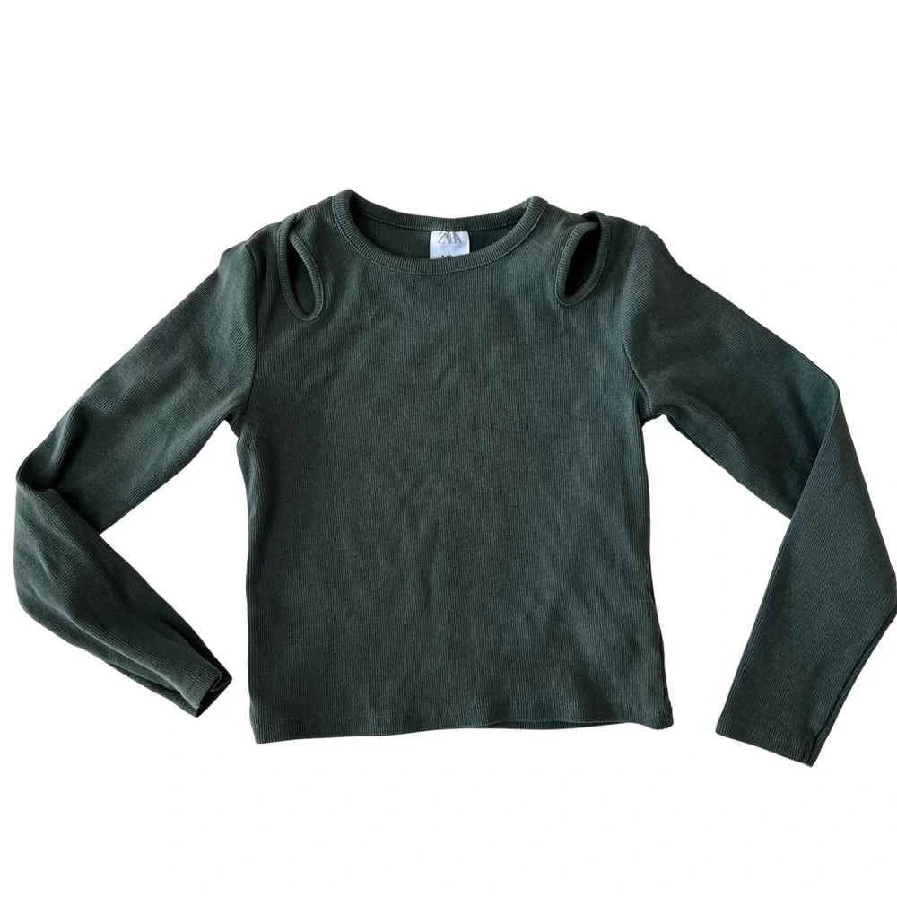 Zara Olive Ribbed Knit Long Sleeve Top with Open Cold Shoulder Detail
